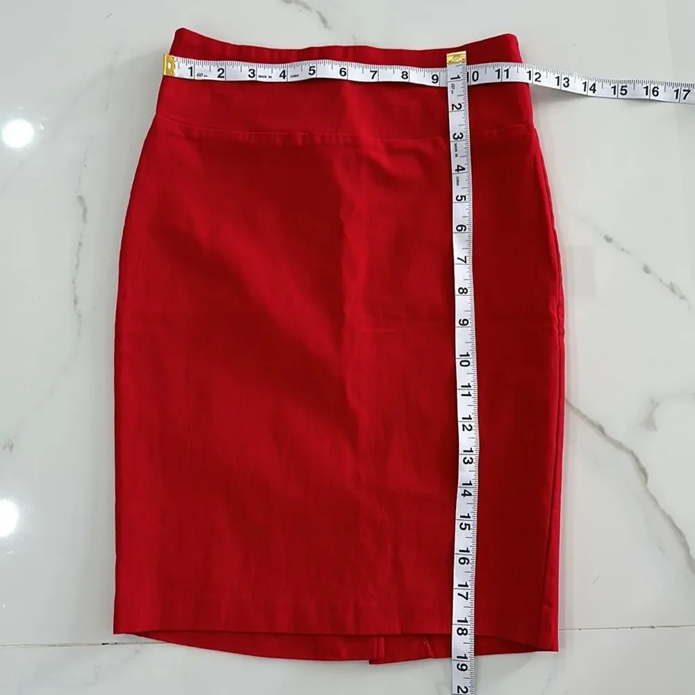 SOLID RED MIDI PENCIL SKIRT BACK SLIT SZ M STRECHY HIGT WAITS